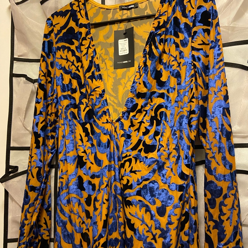 Blue and yellow lace and velvet dress